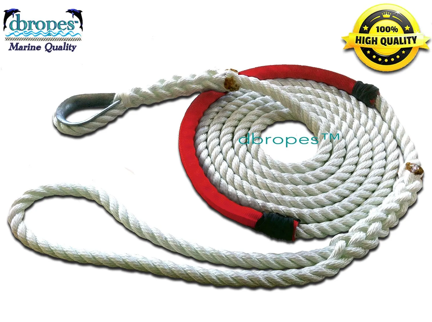 1/2" X 6' Three Strand Mooring Pendant 100% Nylon Rope with Thimble and Chafe Guard. Made in USA.