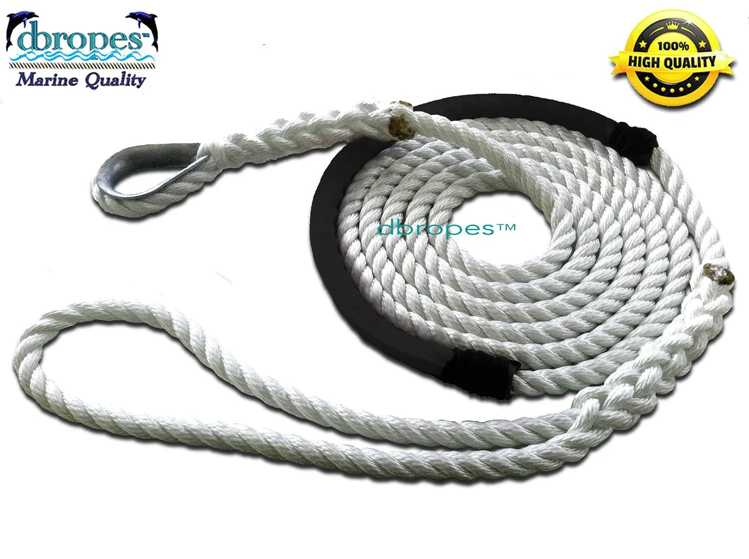 1/2" X 6' Three Strand Mooring Pendant 100% Nylon Rope with Thimble and Chafe Guard. Made in USA.