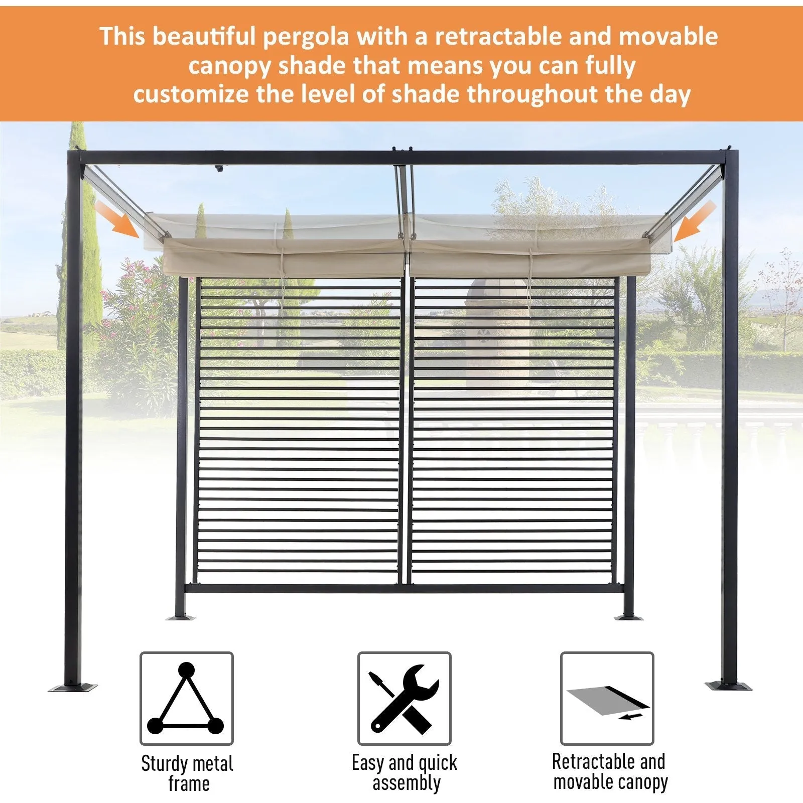 2.8 x 3M Metal Pergola Gazebo Patio Sun Shade Shelter Retractable Canopy Marquee Party BBQ Tent