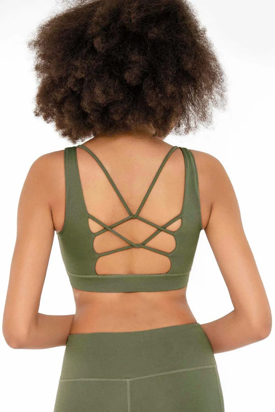 4 for $54 - Olive Khaki Green Kelly Strappy Open-Back Padded Sports Bra - Women