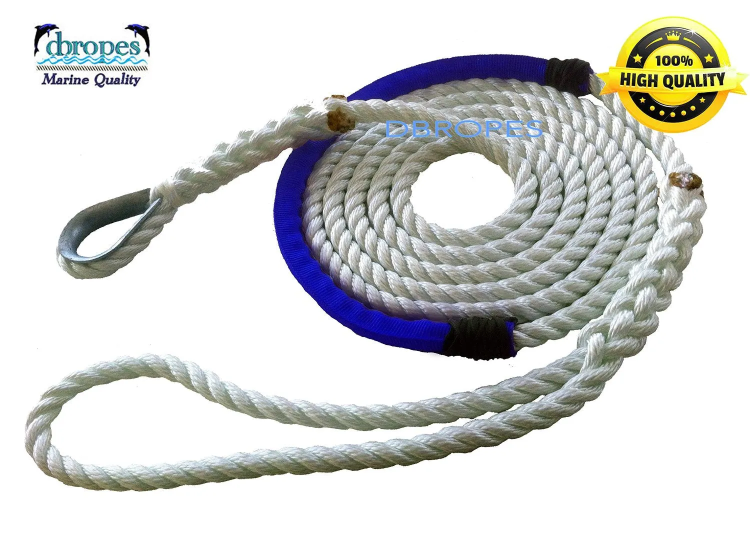 5/8" X 6' Three Strand Mooring Pendant 100% Nylon Rope with Thimble and Chafe Guard. Made in USA.