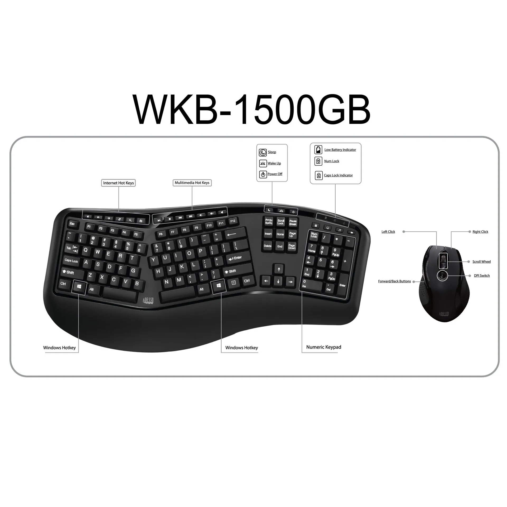 Adesso Wireless Ergonomic Keyboard and Laser Mouse