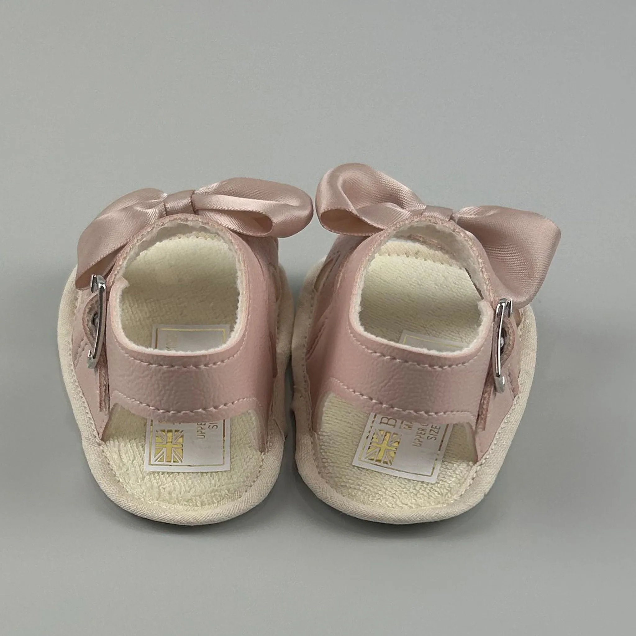 Baby Girl Pram Sandals - With Dusky Pink Satin Bow