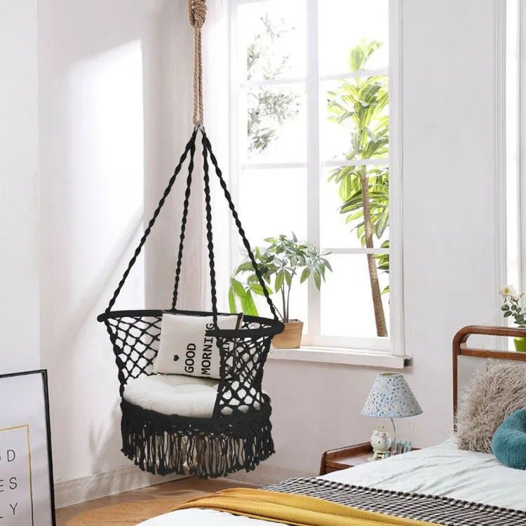 Hanging Hammock Chair with 330 Pounds Capacity and Cotton Rope Handwoven Tassels Design