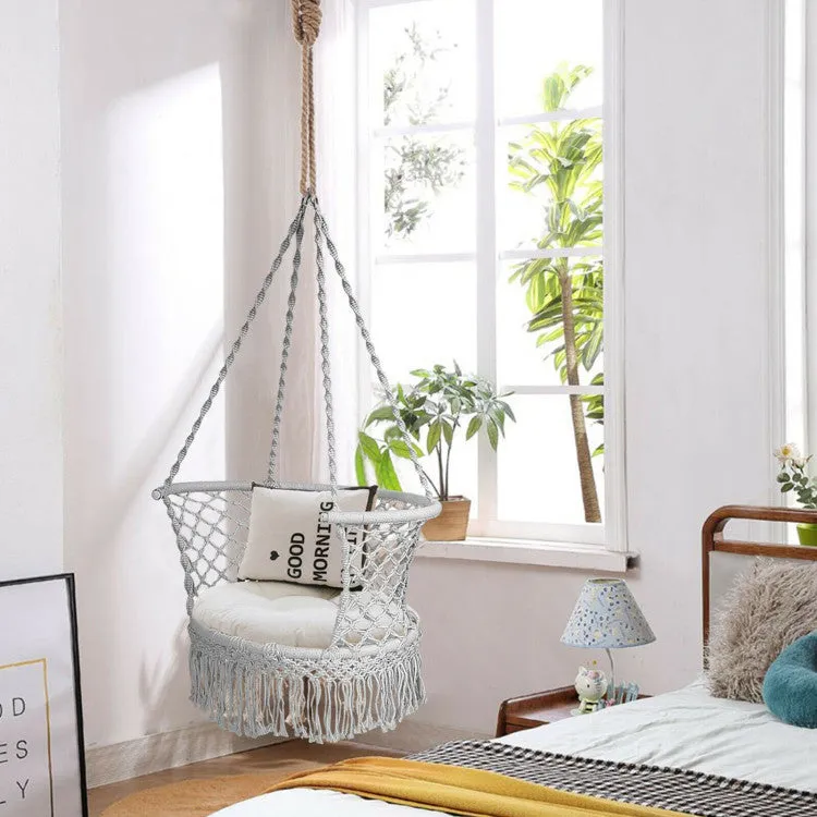 Hanging Hammock Chair with 330 Pounds Capacity and Cotton Rope Handwoven Tassels Design