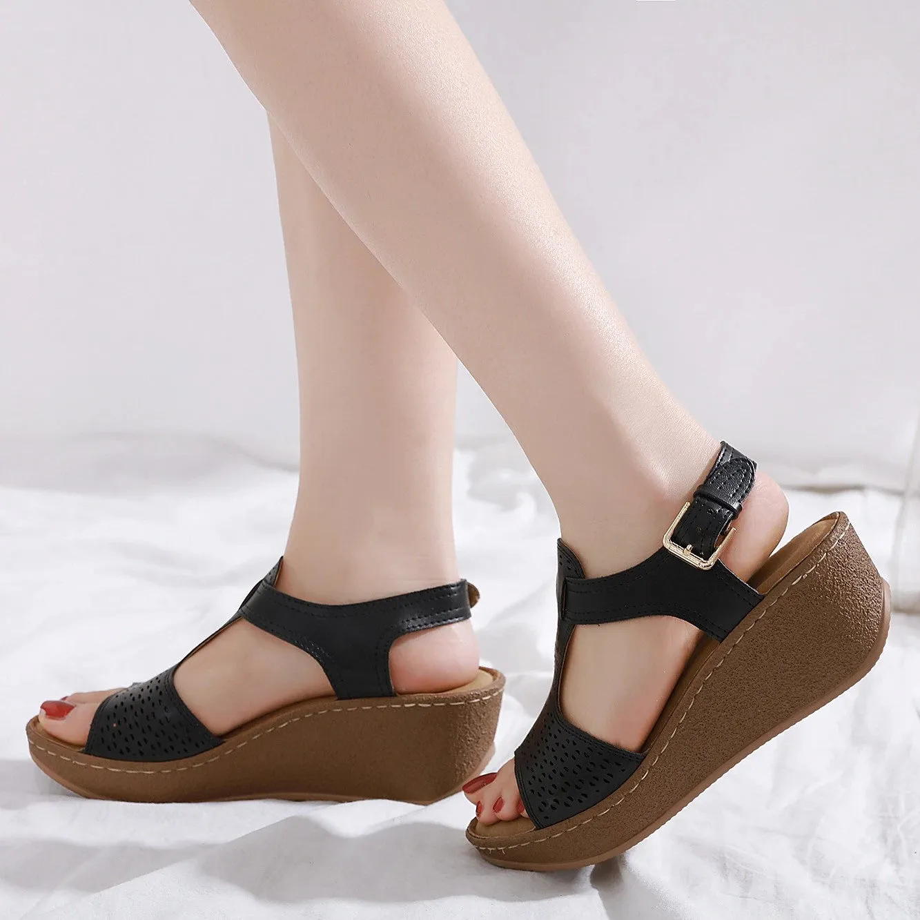 OCW Wedge Leather Sandals For Women Casual Breathable Hollow Out