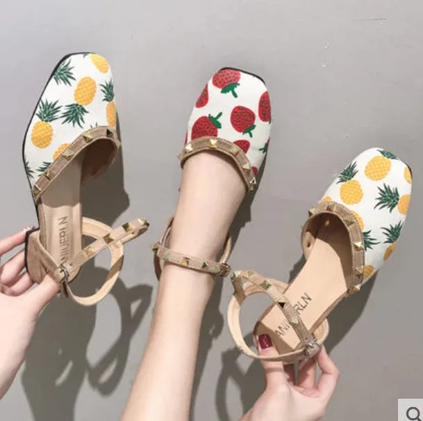 Sohiwoo Summer flat sandals female fairy low-heeled studded Roman shoes kawaii girl cosplay shoes comfortable women shoes loli cos