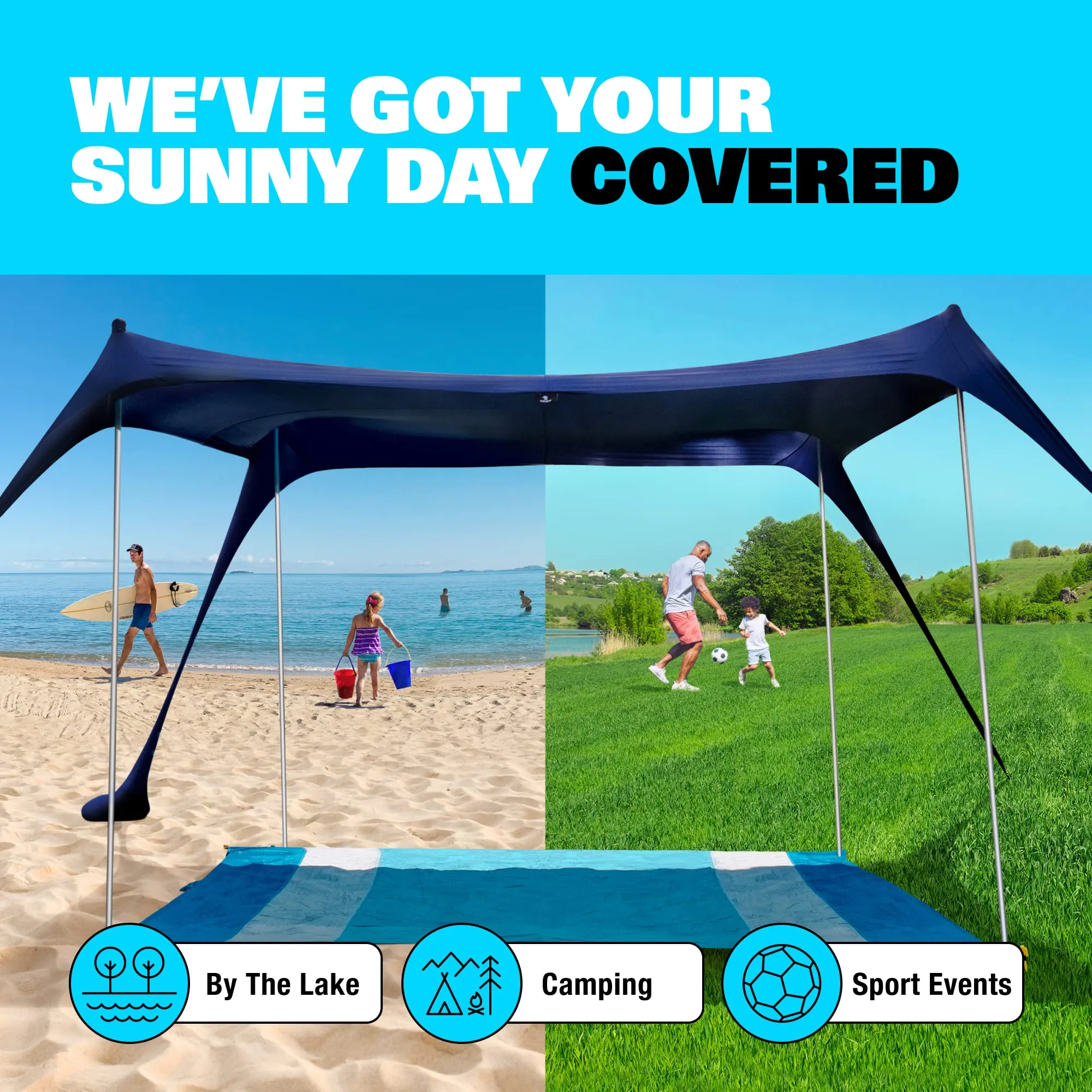 SUN NINJA Pop Up Beach Tent Sun Shelter UPF50  with Sand Shovel, Ground Pegs and Stability Poles, Outdoor Shade for Camping Trips, Fishing, Backyard Fun or Picnics