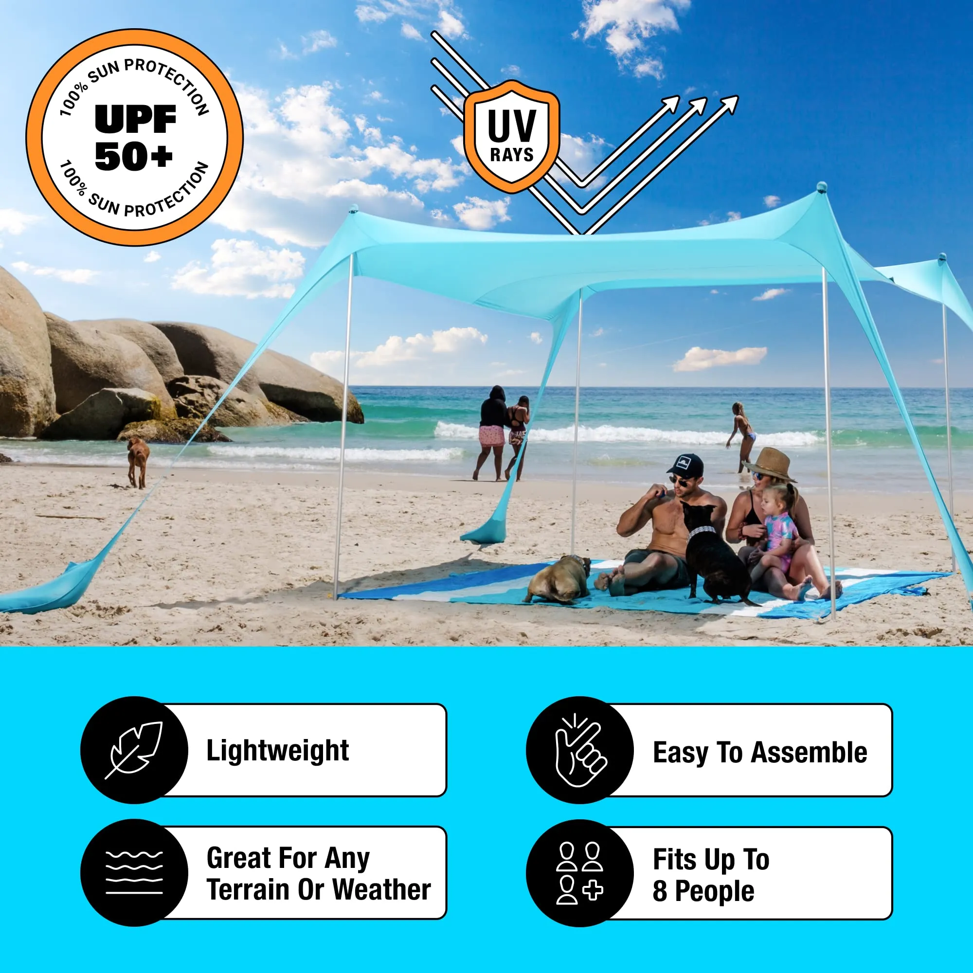 SUN NINJA Pop Up Beach Tent Sun Shelter UPF50  with Sand Shovel, Ground Pegs and Stability Poles, Outdoor Shade for Camping Trips, Fishing, Backyard Fun or Picnics