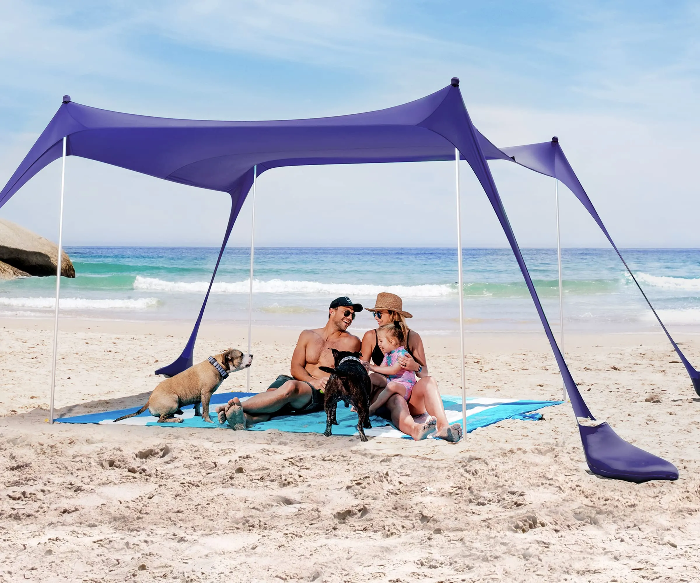 SUN NINJA Pop Up Beach Tent Sun Shelter UPF50  with Sand Shovel, Ground Pegs and Stability Poles, Outdoor Shade for Camping Trips, Fishing, Backyard Fun or Picnics