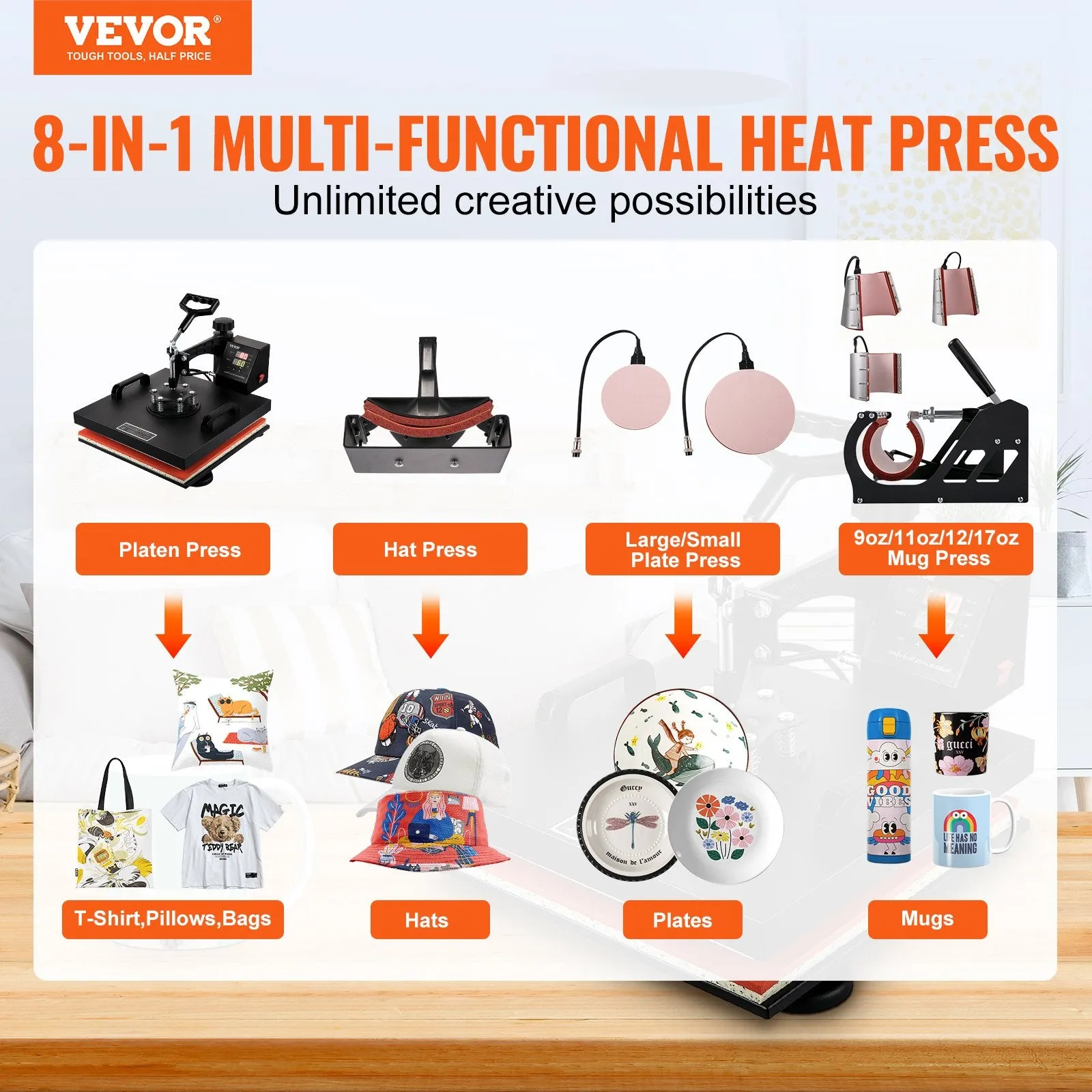 Vevor Heat Press 8-in-1 Sublimation Machine 15" x 15" with Swing Away 1050W New