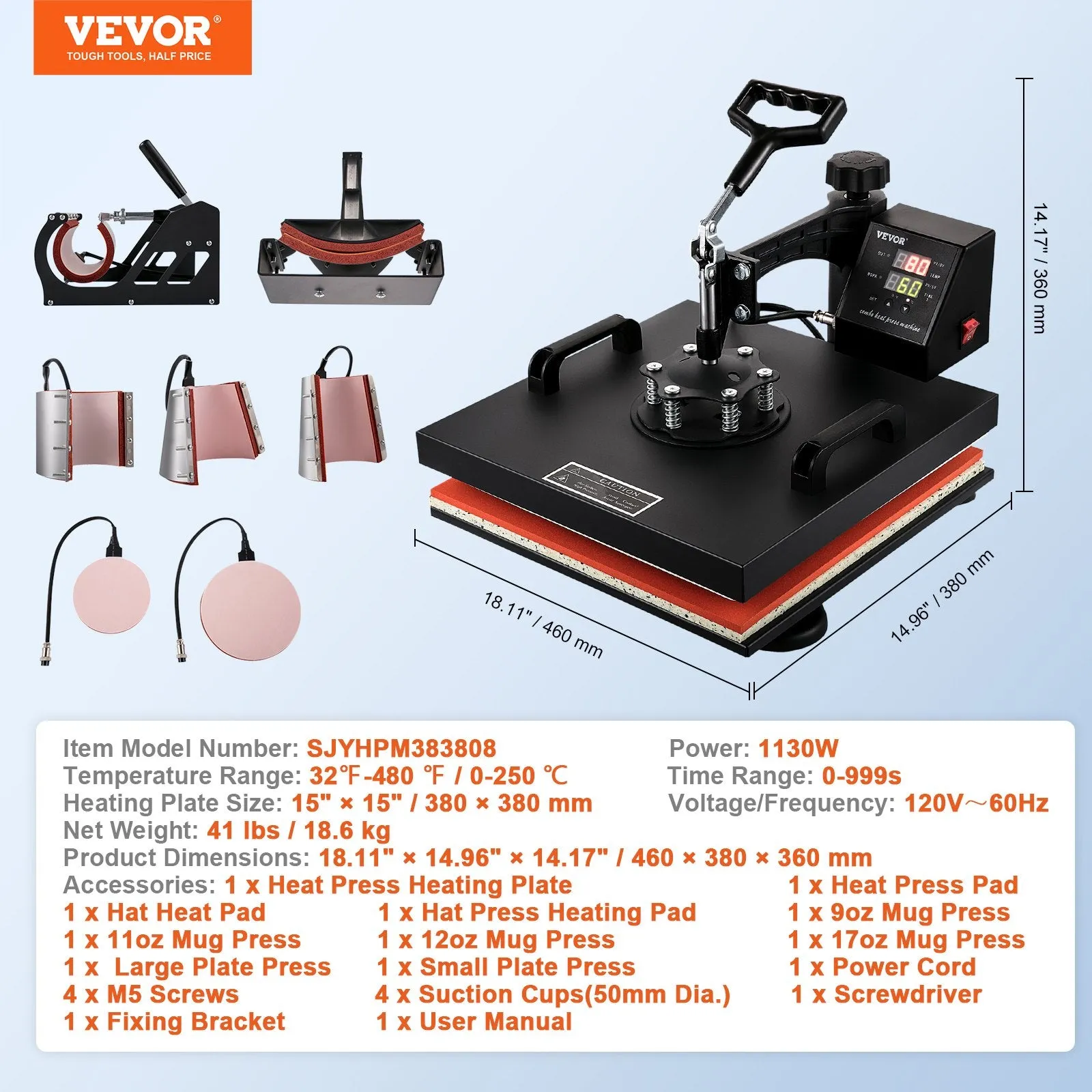 Vevor Heat Press 8-in-1 Sublimation Machine 15" x 15" with Swing Away 1050W New