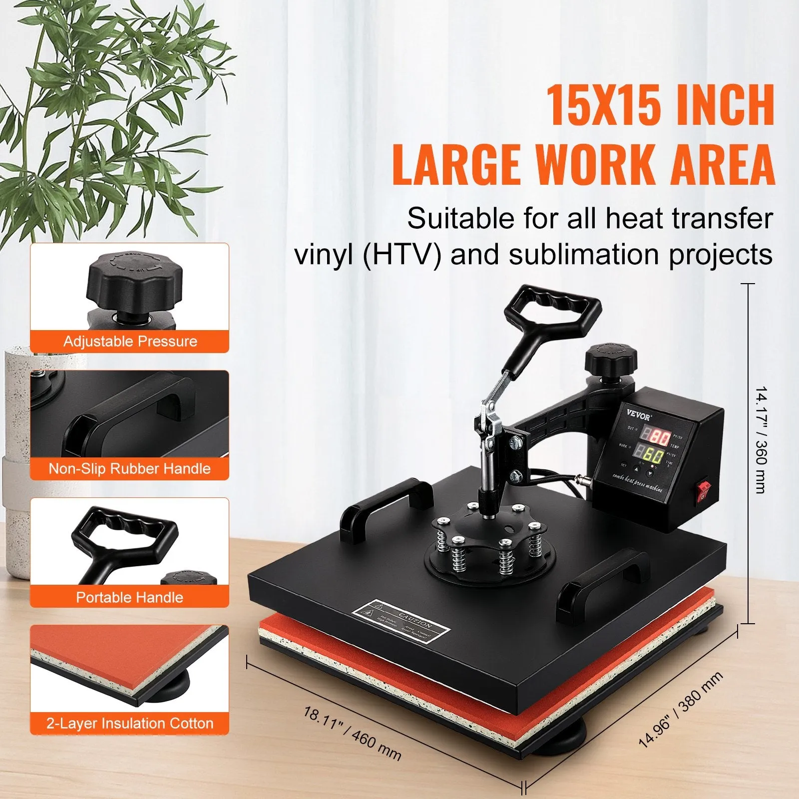 Vevor Heat Press 8-in-1 Sublimation Machine 15" x 15" with Swing Away 1050W New